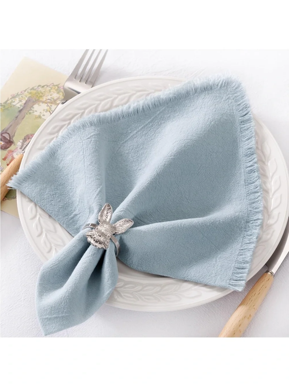 NEW 12 Pack Grey- Blue Cotton Linen Napkins with Fringe, 17”x17”